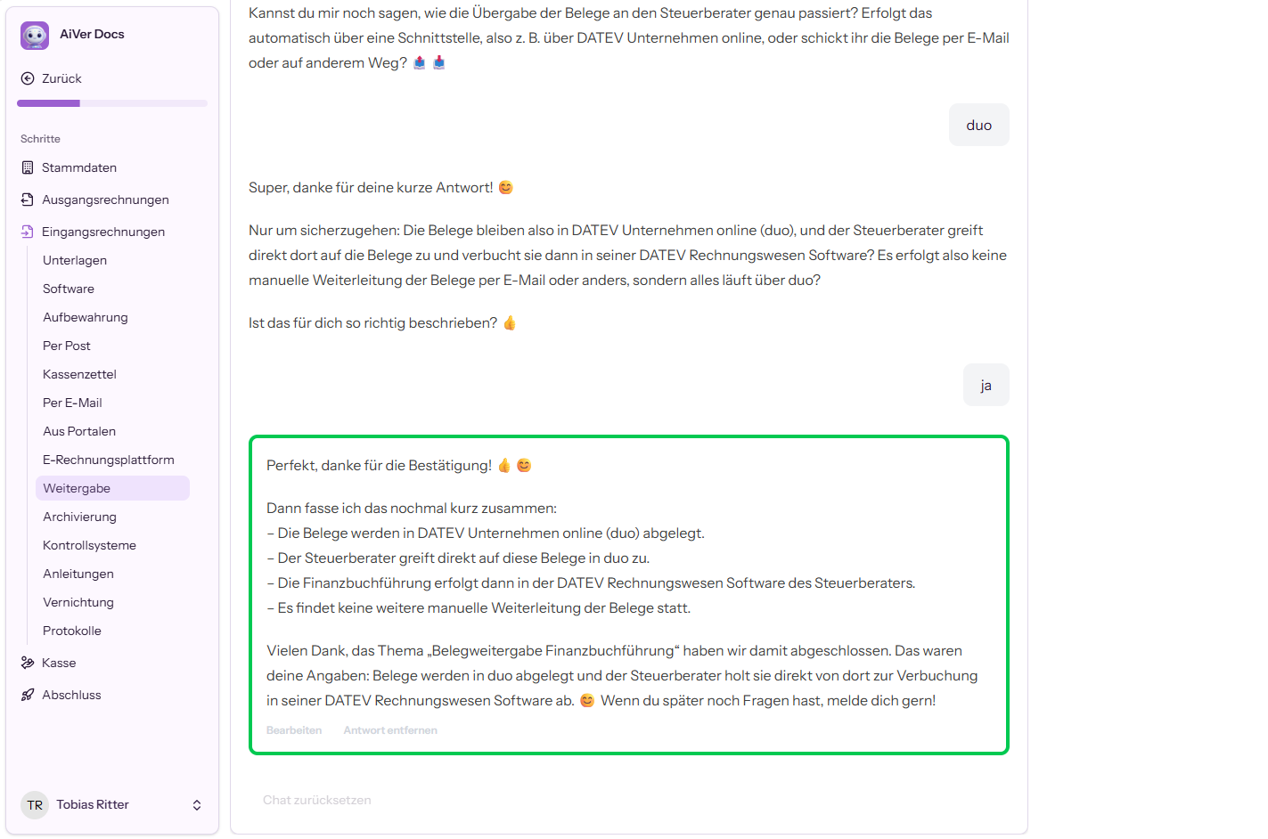 Antwort geben mit AiVer Doc im Chat